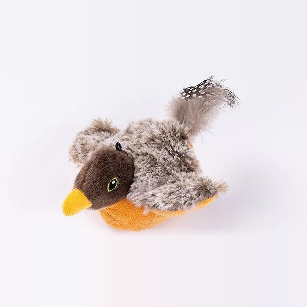 Flapping bird cat toy, cuckoo design, brown and orange plush with feather tail