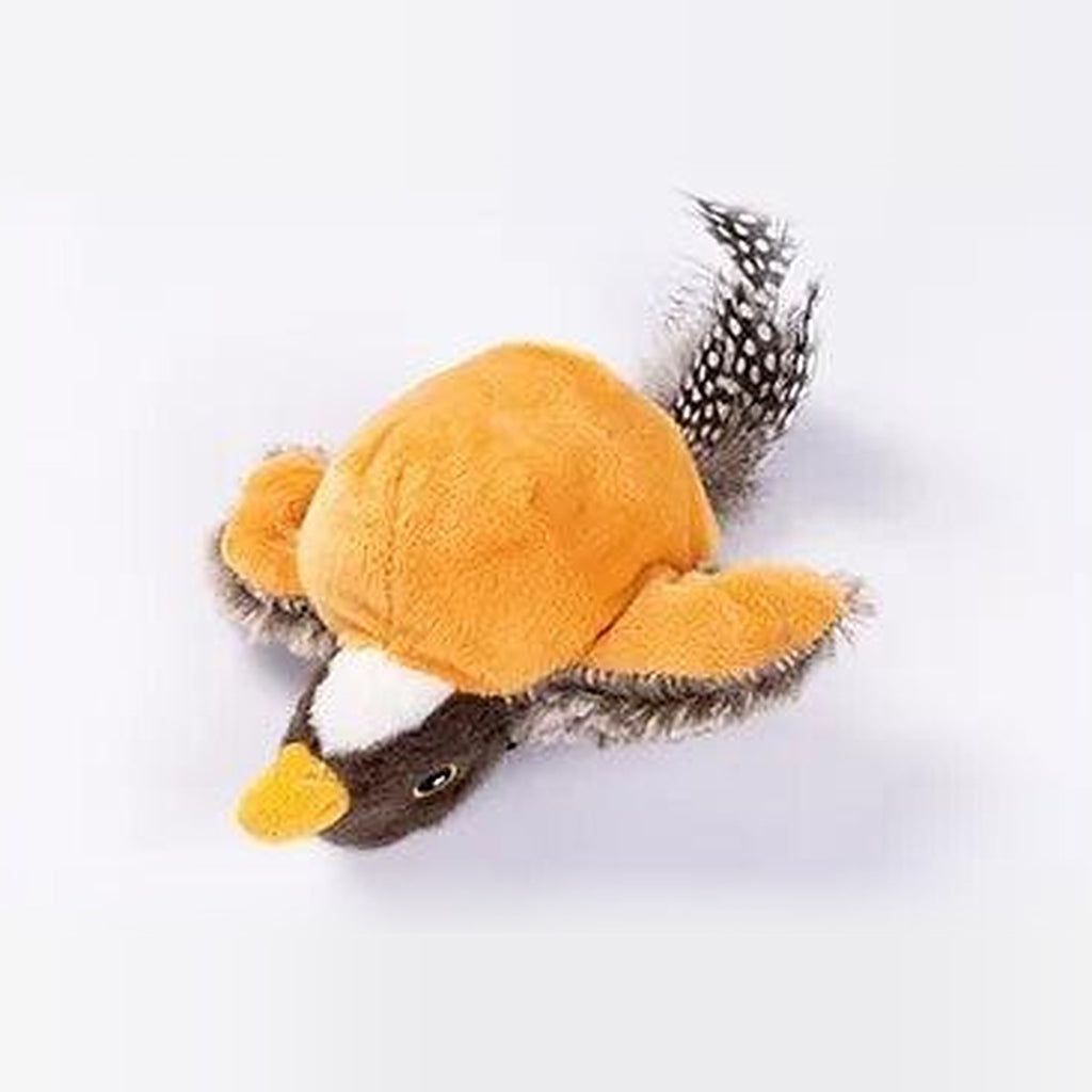 Flapping bird cat toy, cuckoo design, orange underside view
