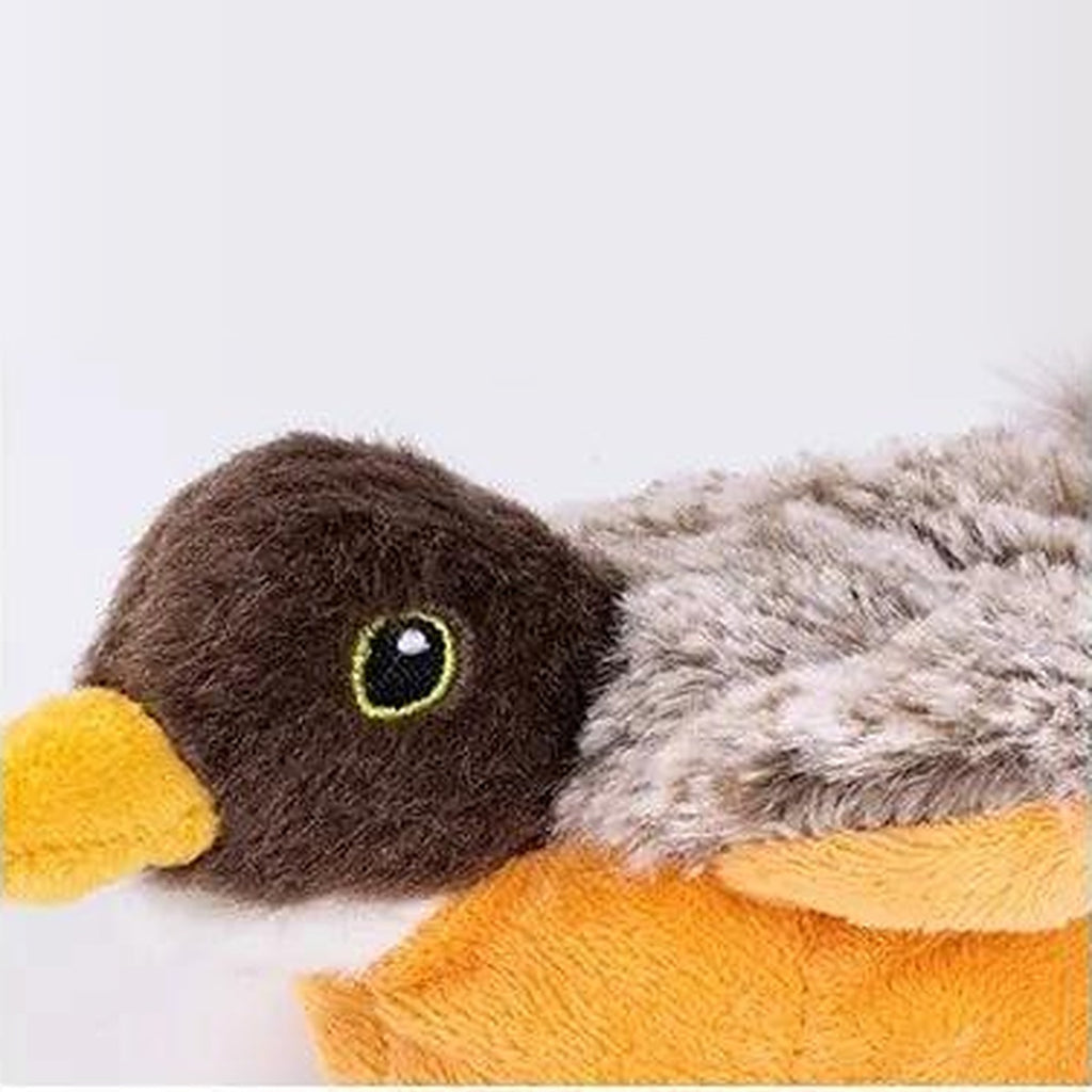 Flapping bird cat toy, close-up of cuckoo head and soft plush