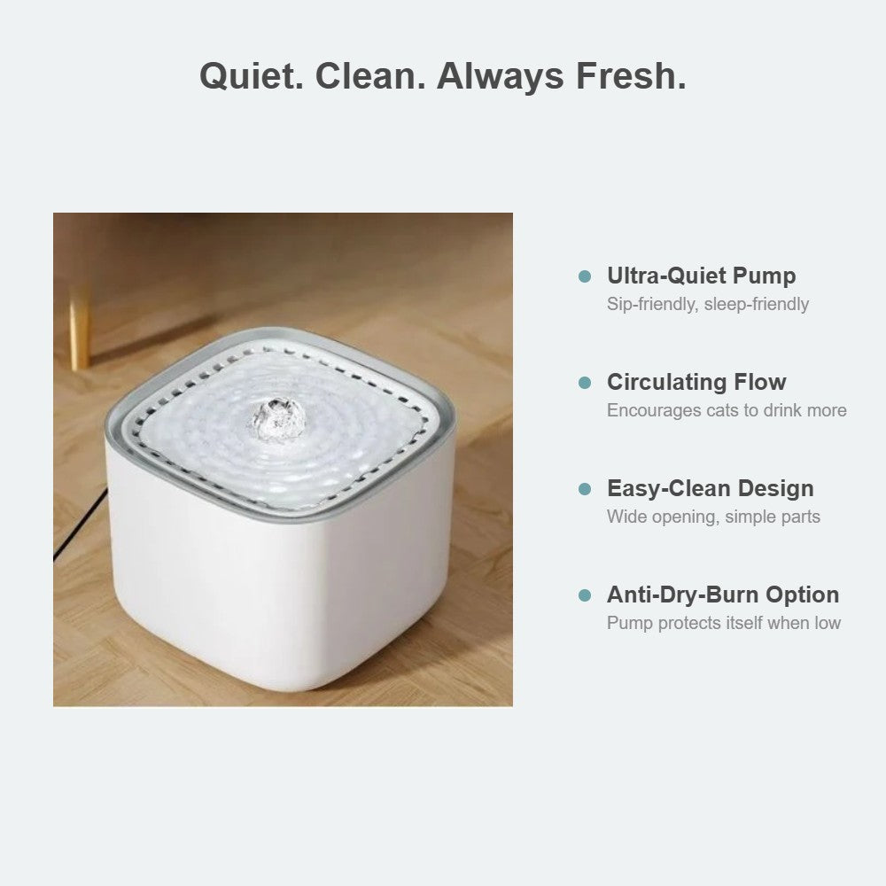 Fountain features: ultra-quiet pump, circulating flow, easy-clean design, anti-dry-burn option