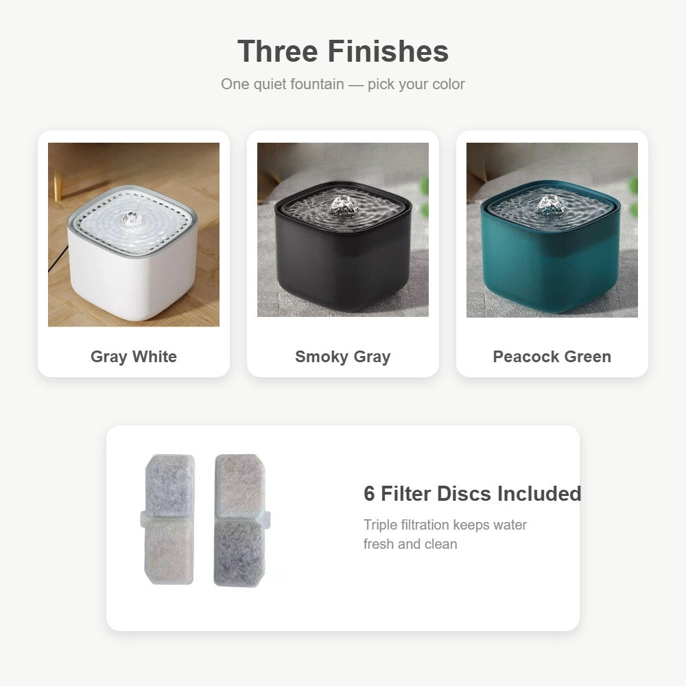 Cat water fountain in three finishes: Gray White, Smoky Gray, Peacock Green, with 6 filter discs included