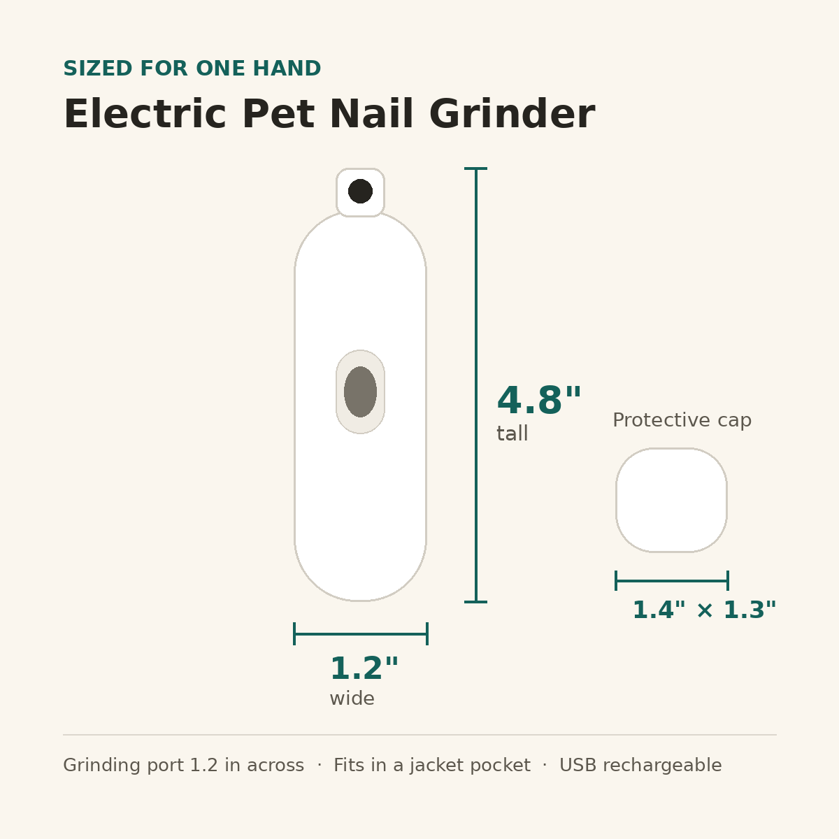 Nail grinder dimensions in inches: 4.8 tall by 1.2 wide, cap 1.4 by 1.3
