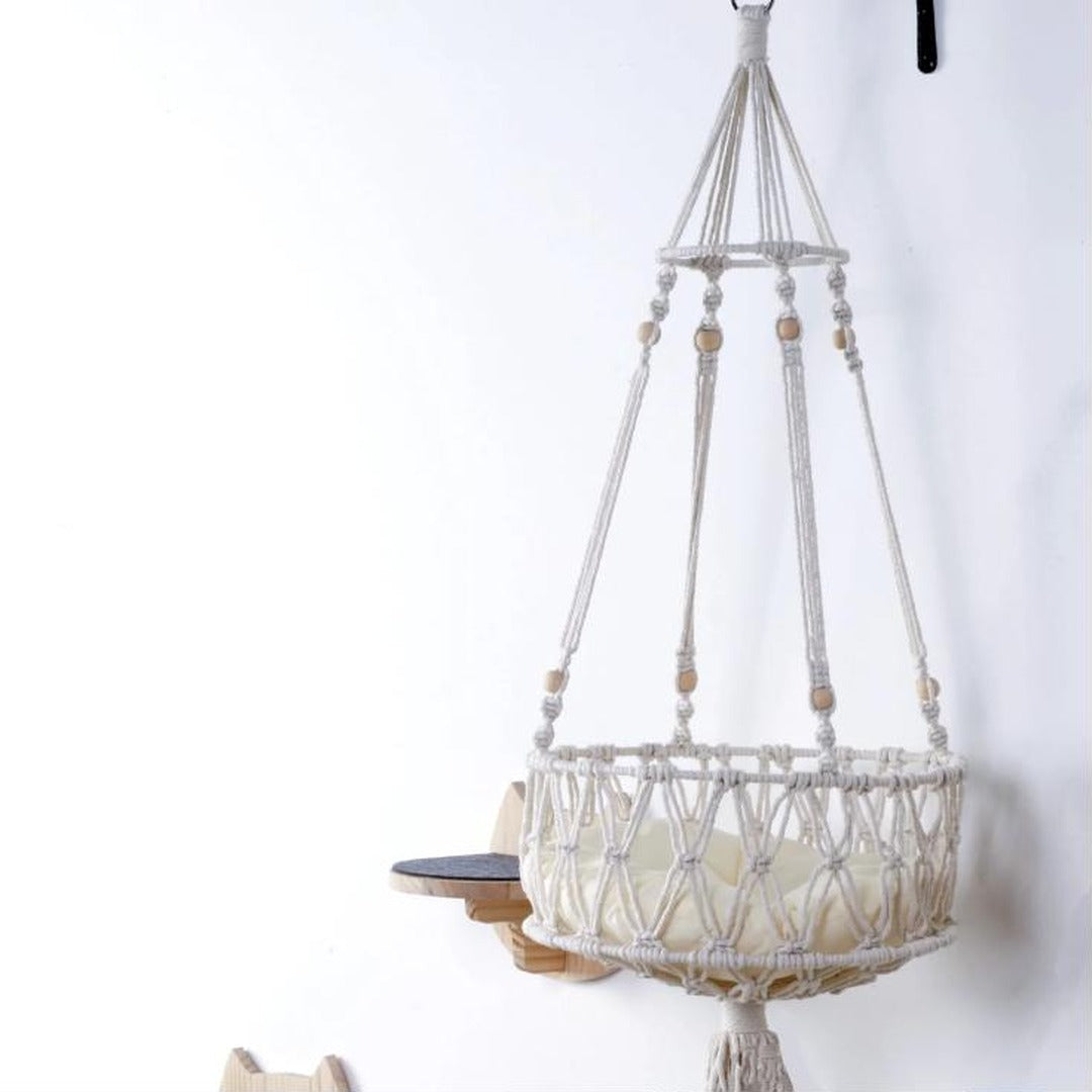 Macrame Boho Cat Hammock - Wall-Mounted Hanging Cat Bed
