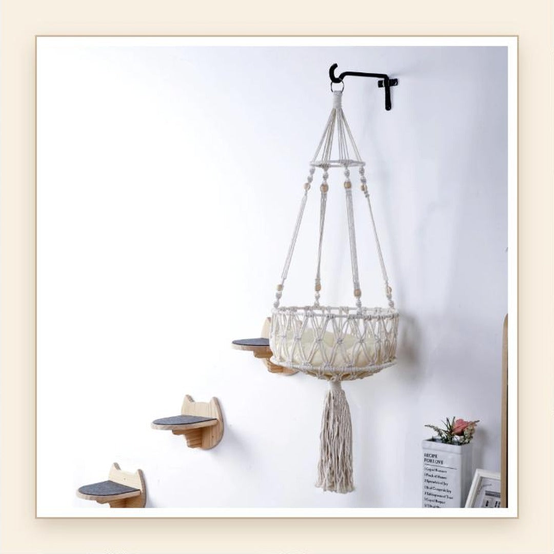 Macrame Boho Cat Hammock - Wall-Mounted Hanging Cat Bed