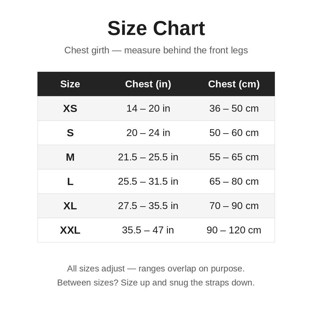 No-Pull Reflective Dog Harness Vest with Handle — size chart, chest girth XS to XXL in inches and cm