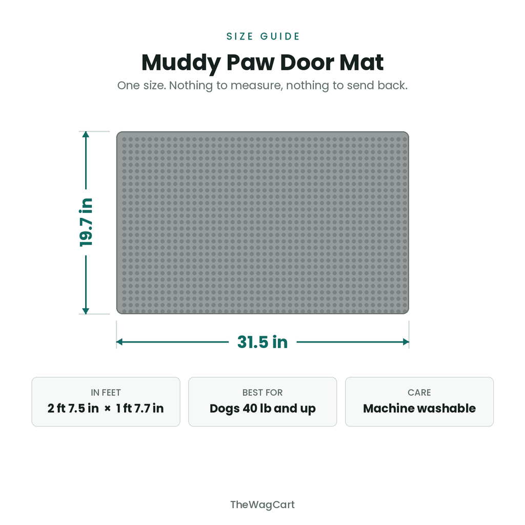Size guide: the Muddy Paw Door Mat measures 31.5 inches wide by 19.7 inches deep, which is 2 ft 7.5 in by 1 ft 7.7 in. Best for dogs 40 lb and up. Machine washable.