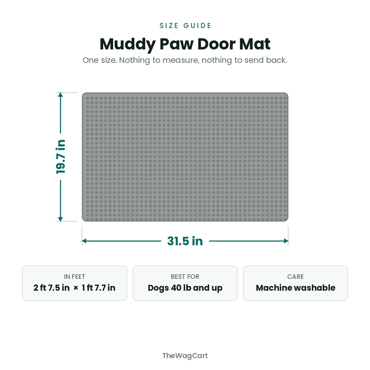 Size guide: the Muddy Paw Door Mat measures 31.5 inches wide by 19.7 inches deep, which is 2 ft 7.5 in by 1 ft 7.7 in. Best for dogs 40 lb and up. Machine washable.