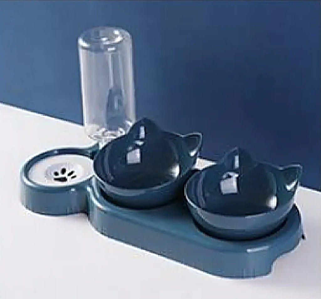 Tilted double cat bowl with auto water dispenser, dark blue