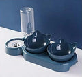Tilted double cat bowl with auto water dispenser, dark blue
