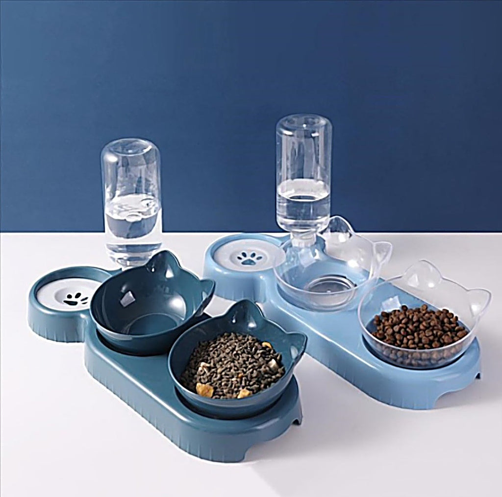 Tilted double cat bowl, blue, with food and water
