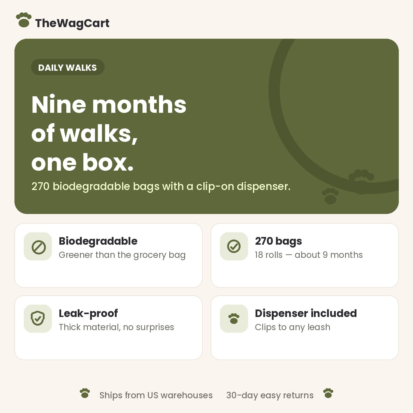 Dog poop bags benefits card: biodegradable, 270 bags in 18 rolls, leak-proof, dispenser included