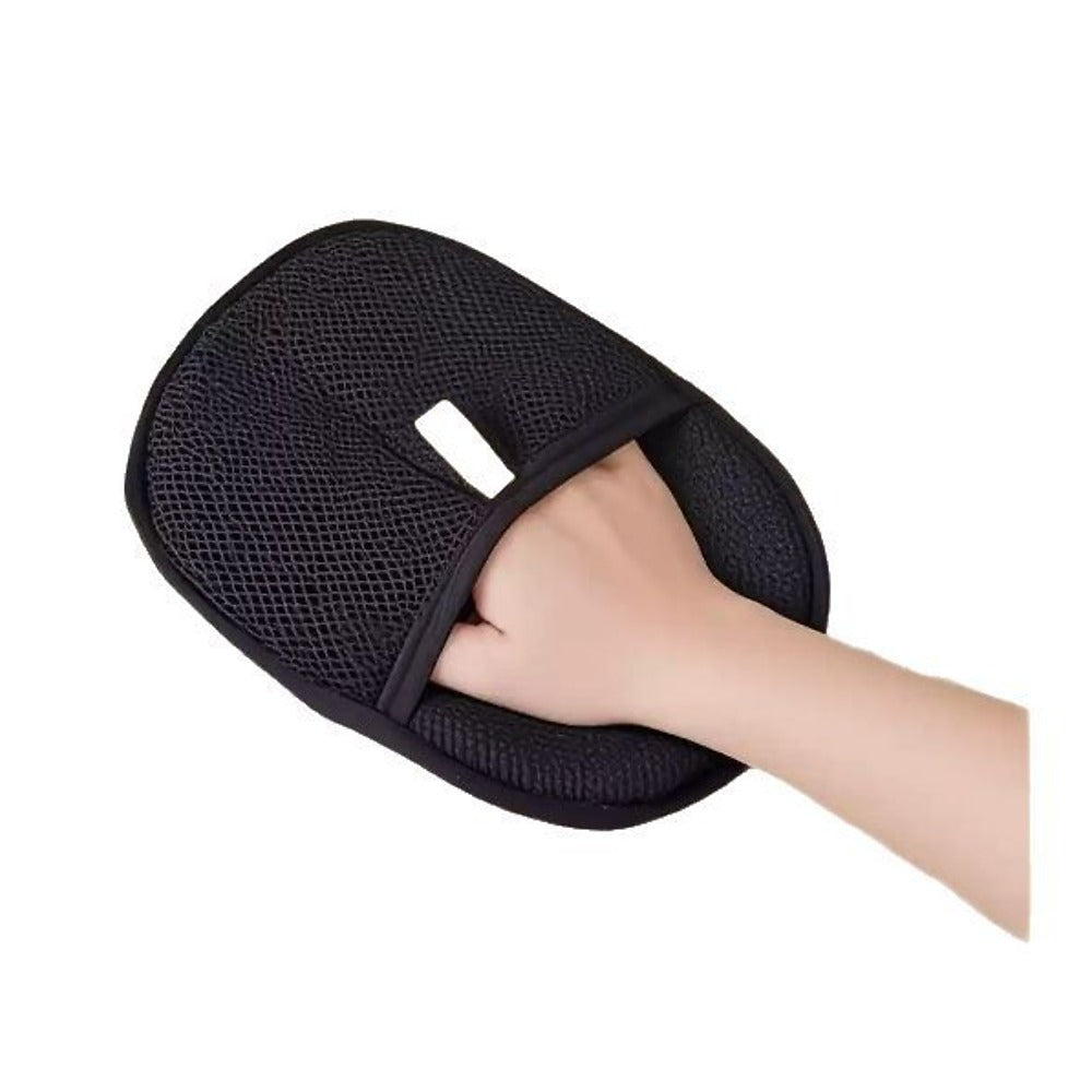 Dual-Sided Pet Hair Remover Glove for Dogs & Cats — glove worn on hand, mesh side shown