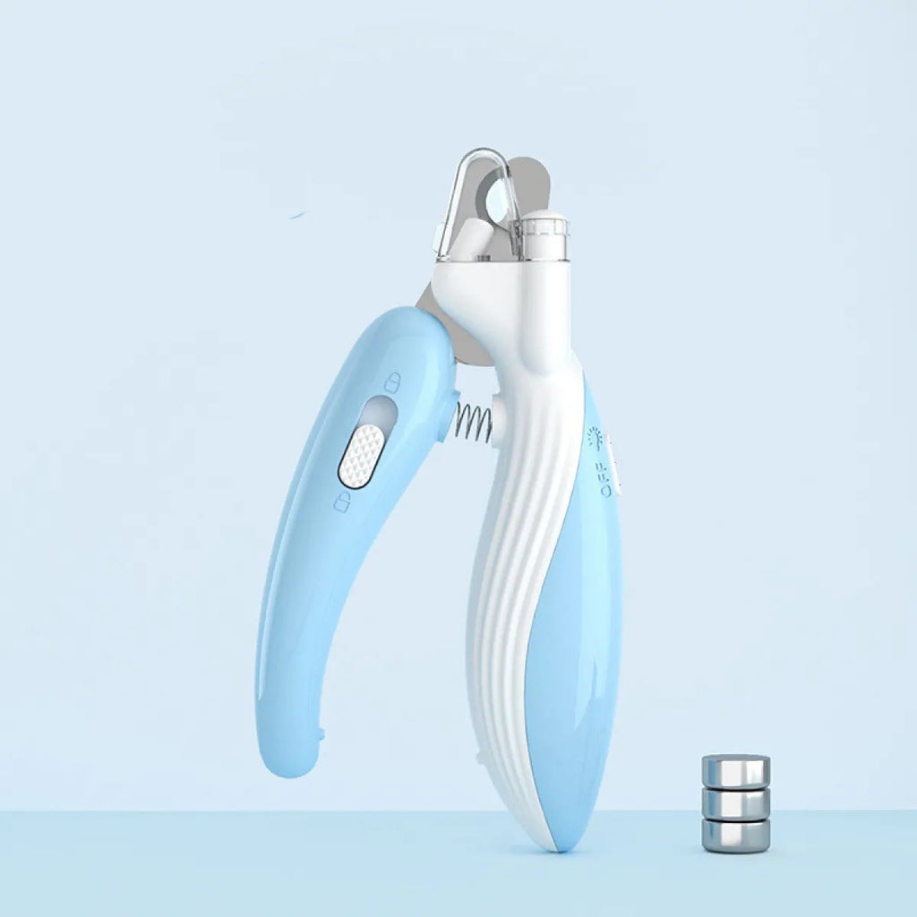 LED pet nail clipper in blue with flip-up light guard