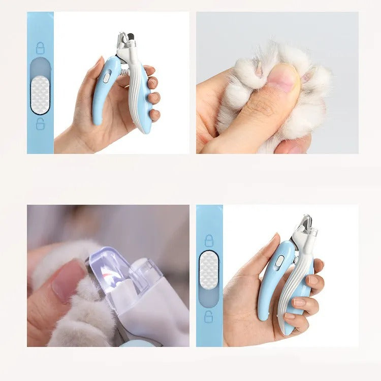 LED pet nail clipper in hand and in use on a cat paw