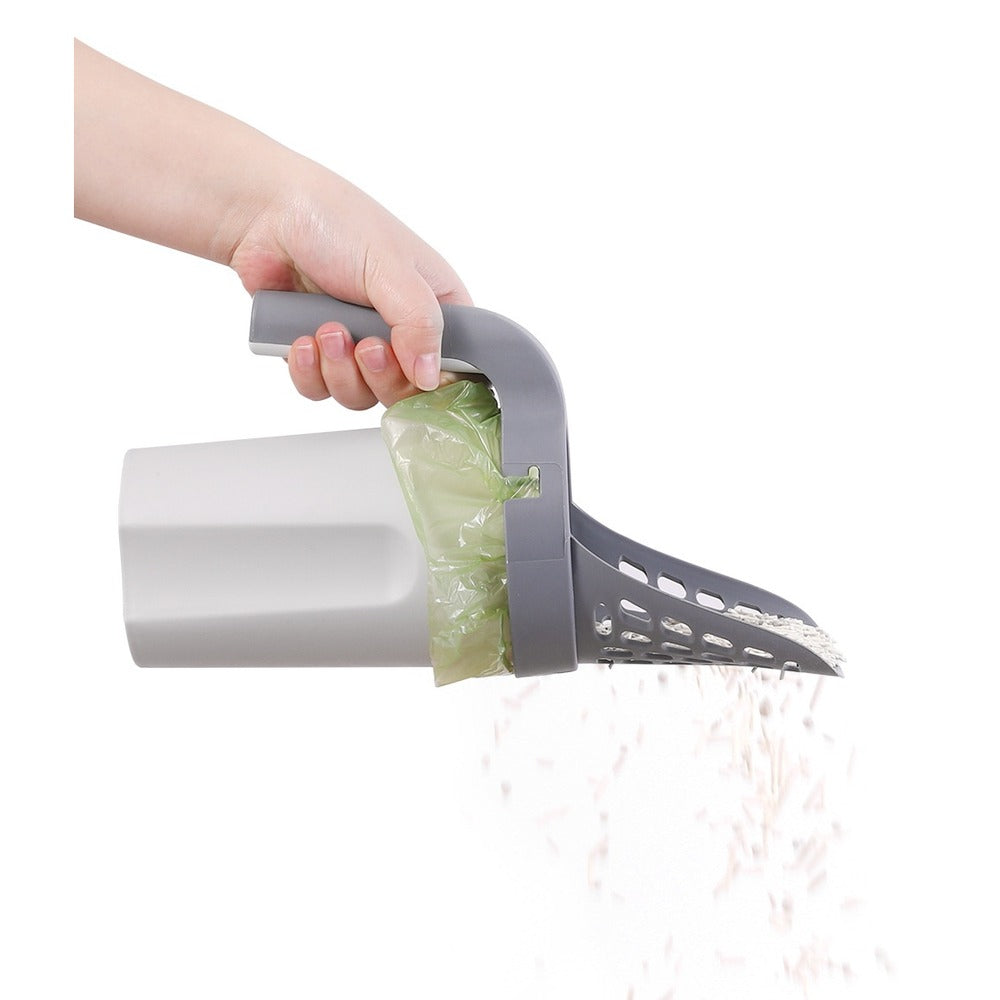 Cat Litter Scoop with Built-In Waste Bin & Sifter — tipping waste into the attached bag-lined bin