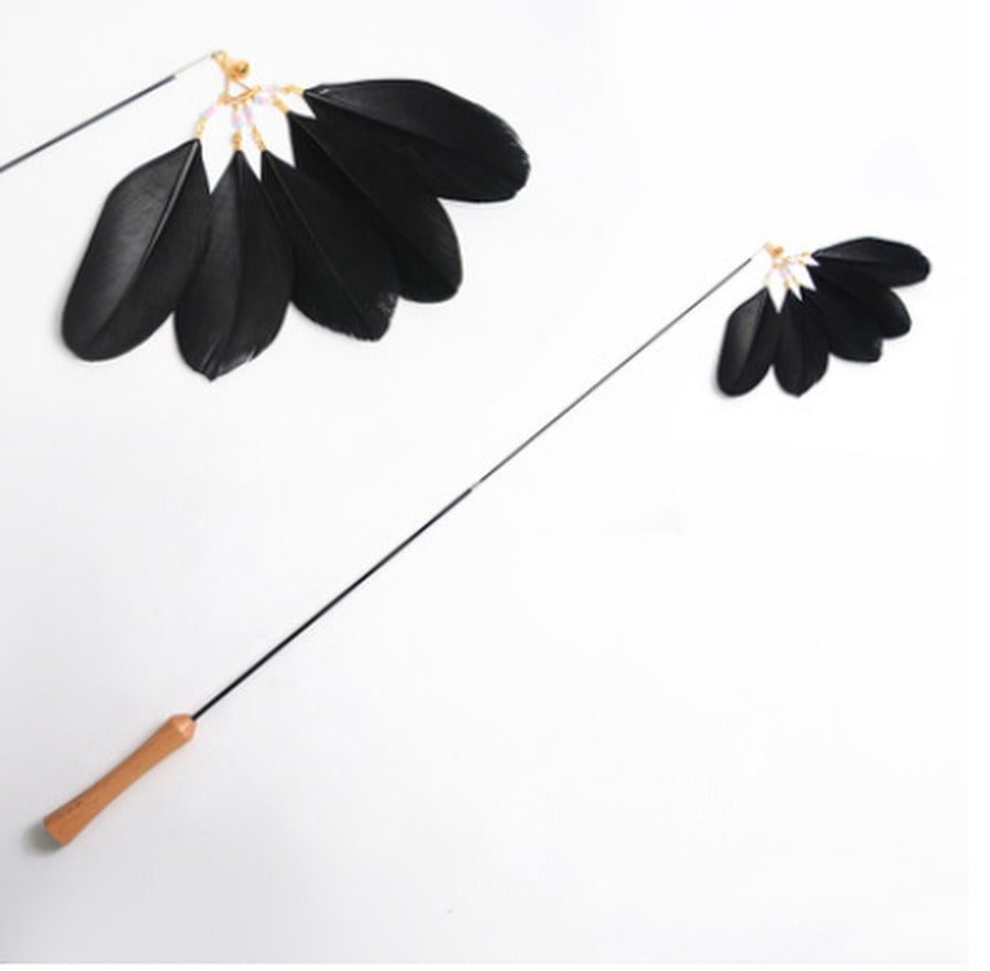 Retractable wooden cat teaser wand with black feathers