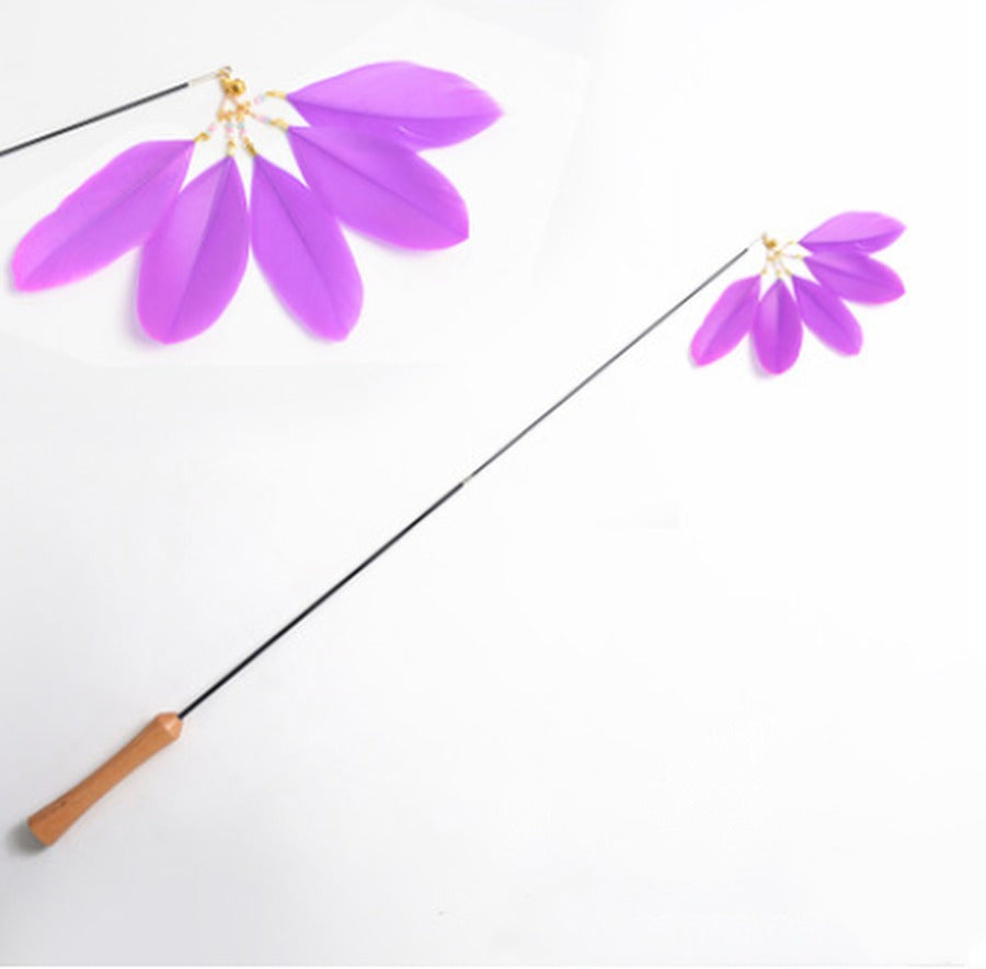 Retractable wooden cat teaser wand with purple feathers